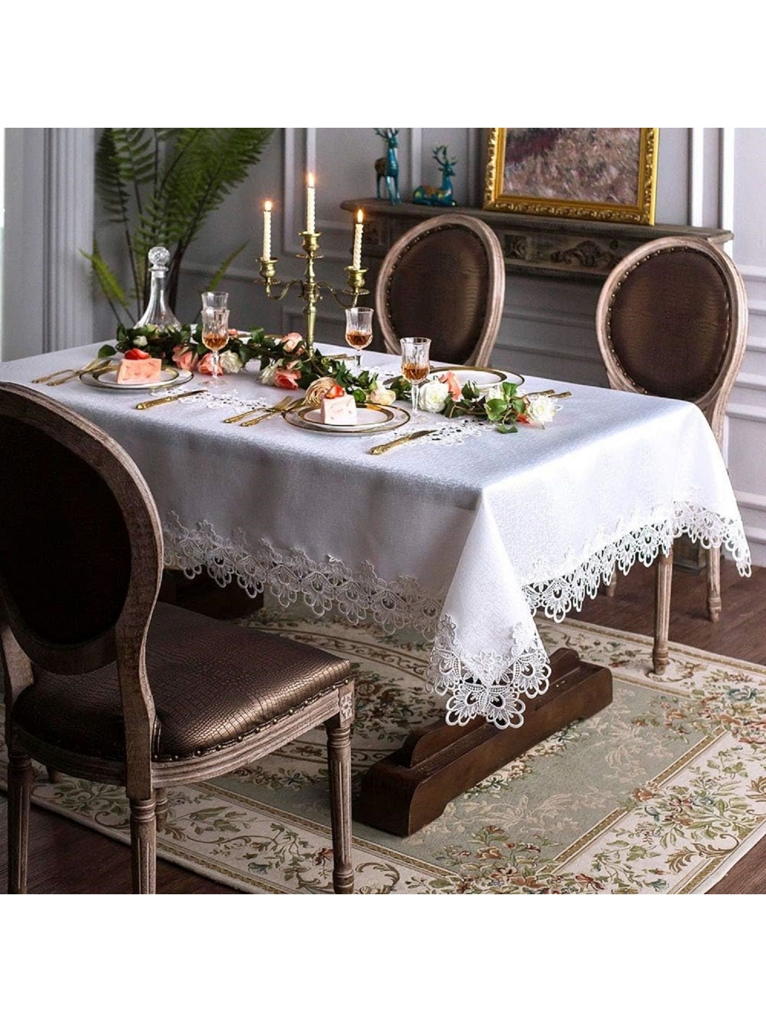 

MONKDECOR White Floral Cotton 10-Seater Table Cover
