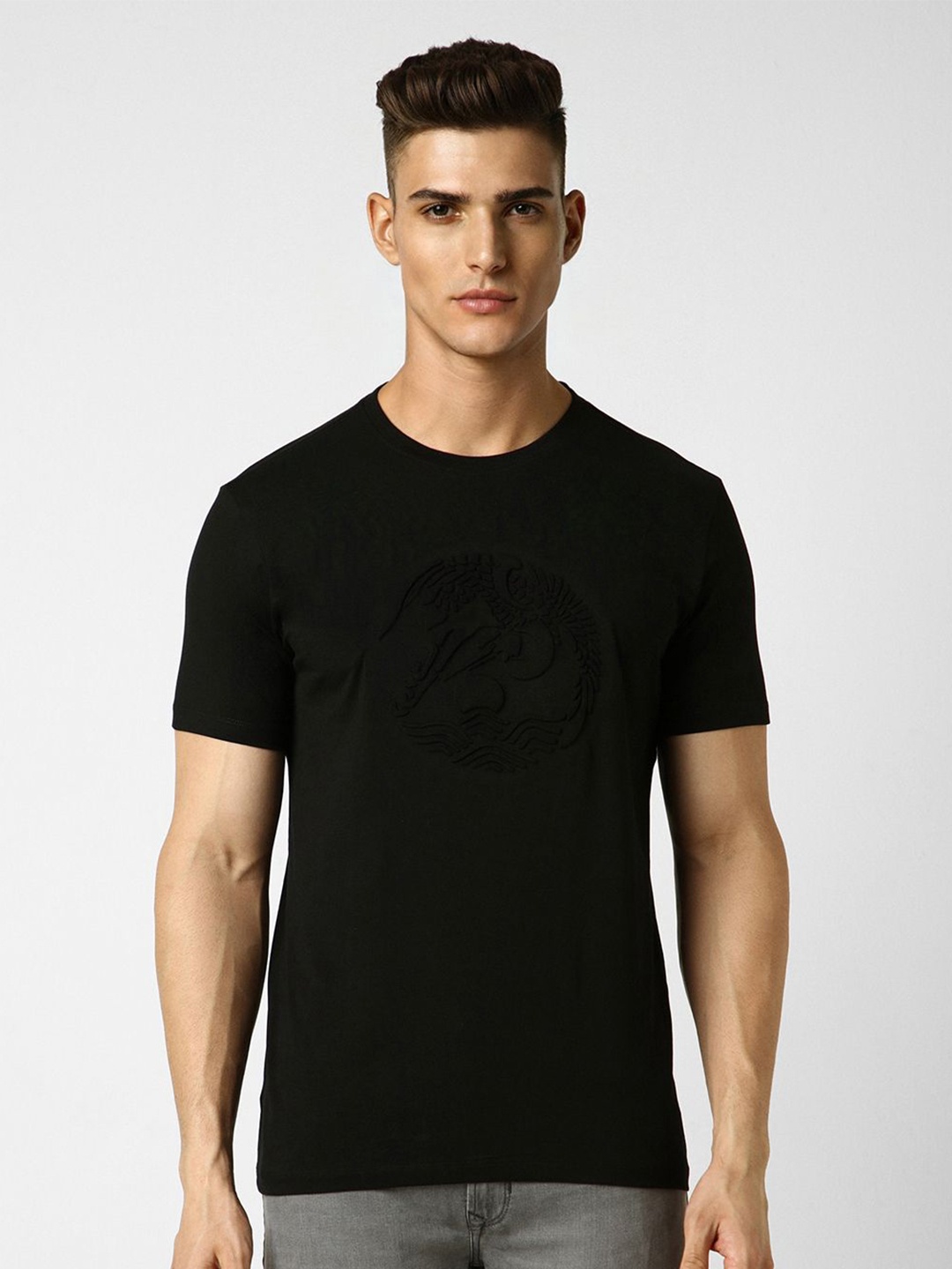 

VAN HEUSEN DENIM LABS Men Self Design Round Neck T-shirt, Black