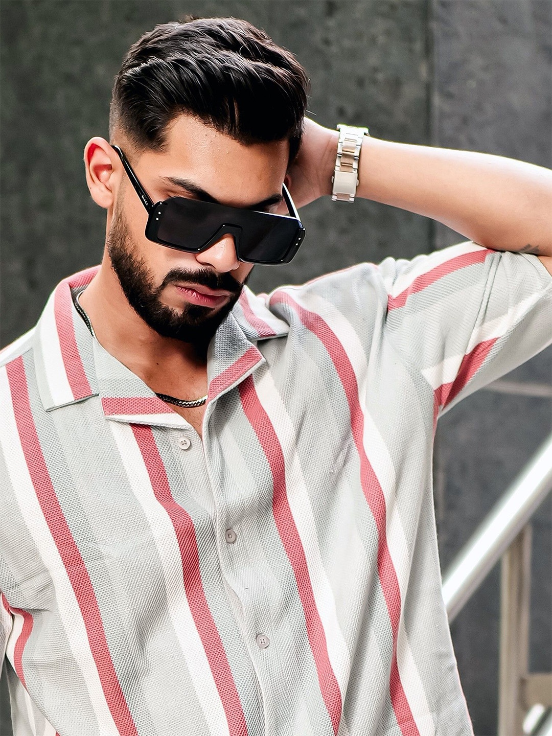 

Maniac Comfort Striped Oversized Casual Shirt, Grey