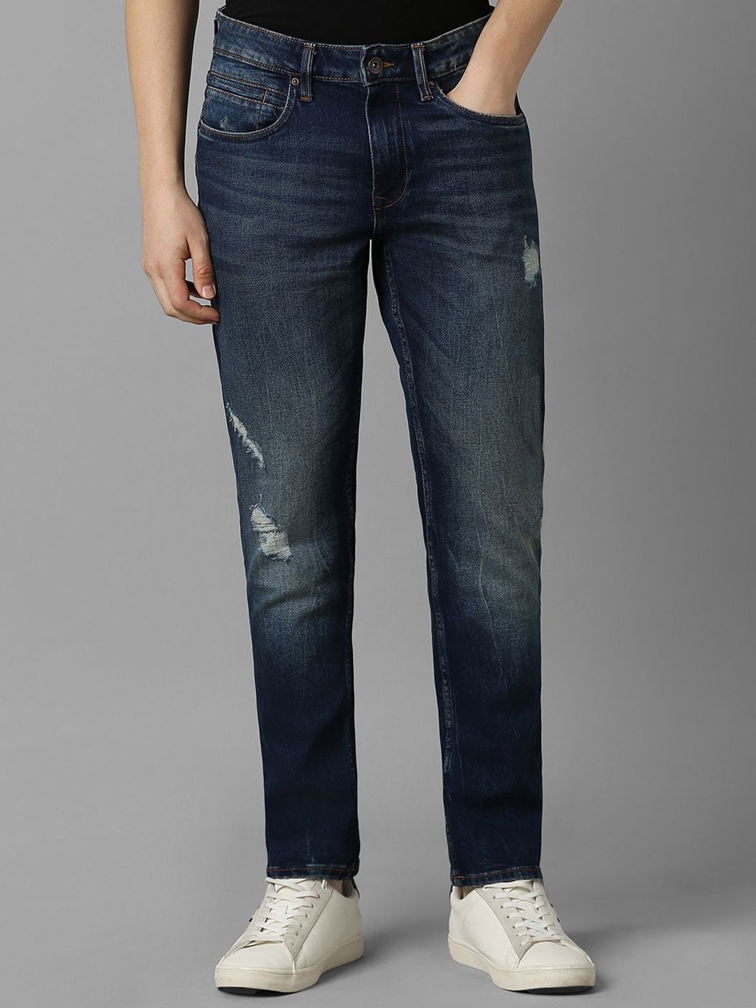 

Louis Philippe Jeans Men Slim Fit Low Distress Heavy Fade Jeans, Navy blue
