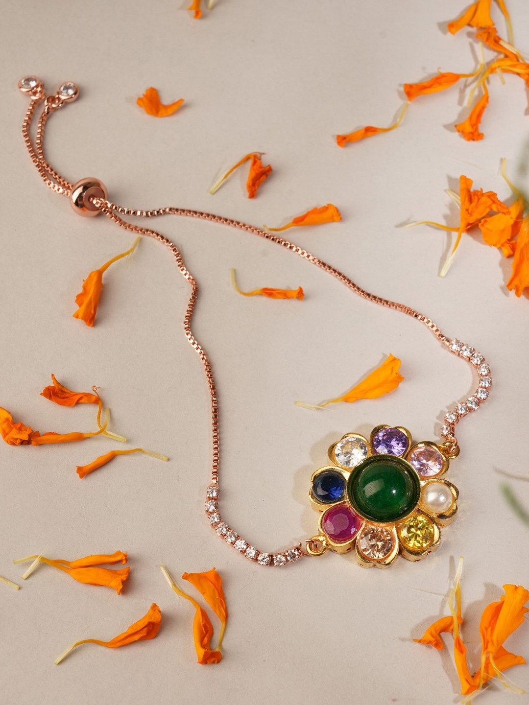 

House of Pataudi Gold Plated Kundan Studded Navratna Wraparound Bracelet Rakhi