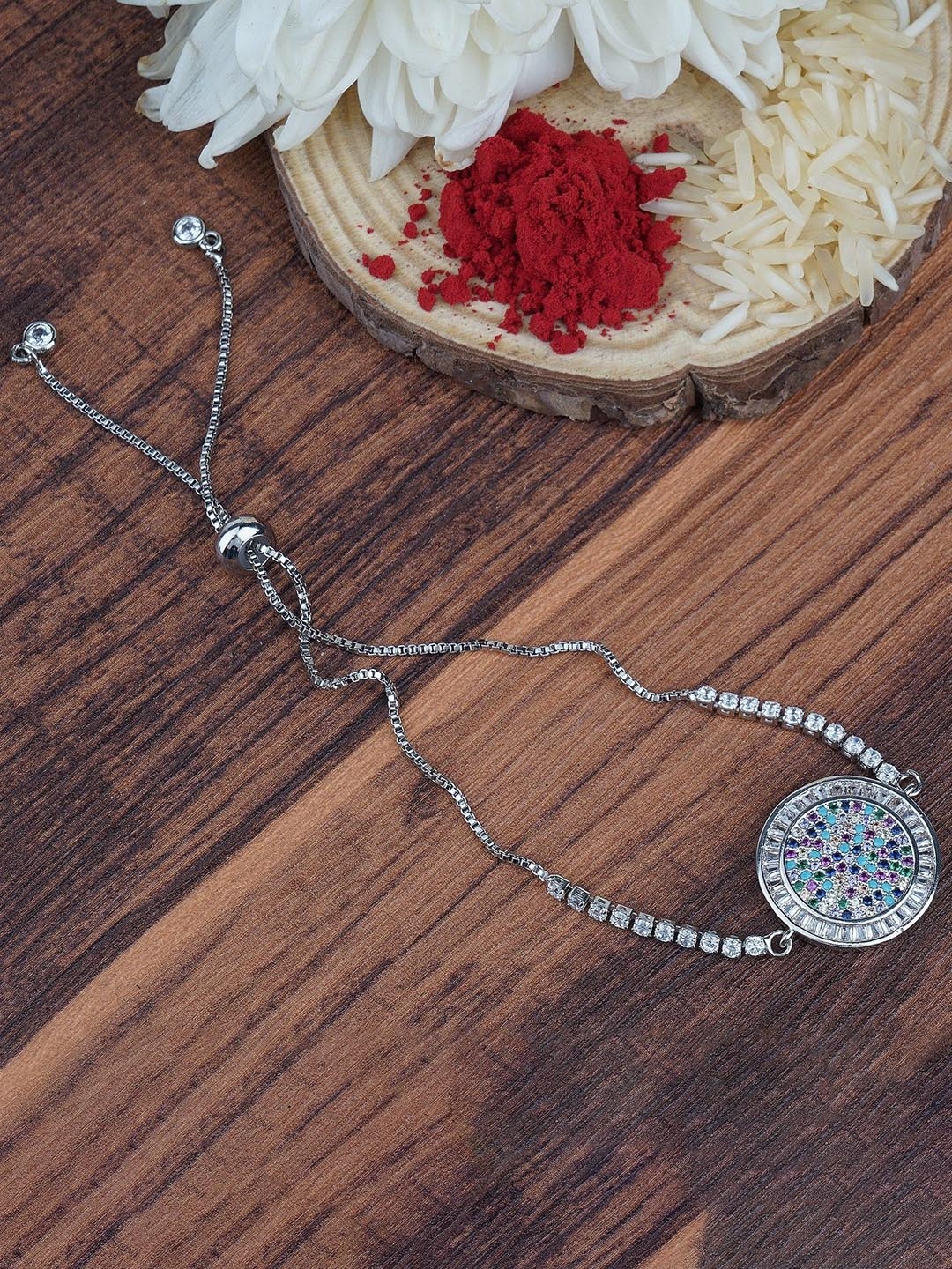 House of Pataudi Rhodium Plated American Diamond Rakhi, Silver