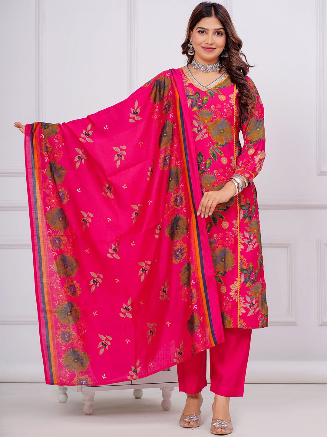 

KALINI Women Ethnic Motifs Yoke Design Regular Beads and Stones Kurta with Trousers & With Dupatta, Pink