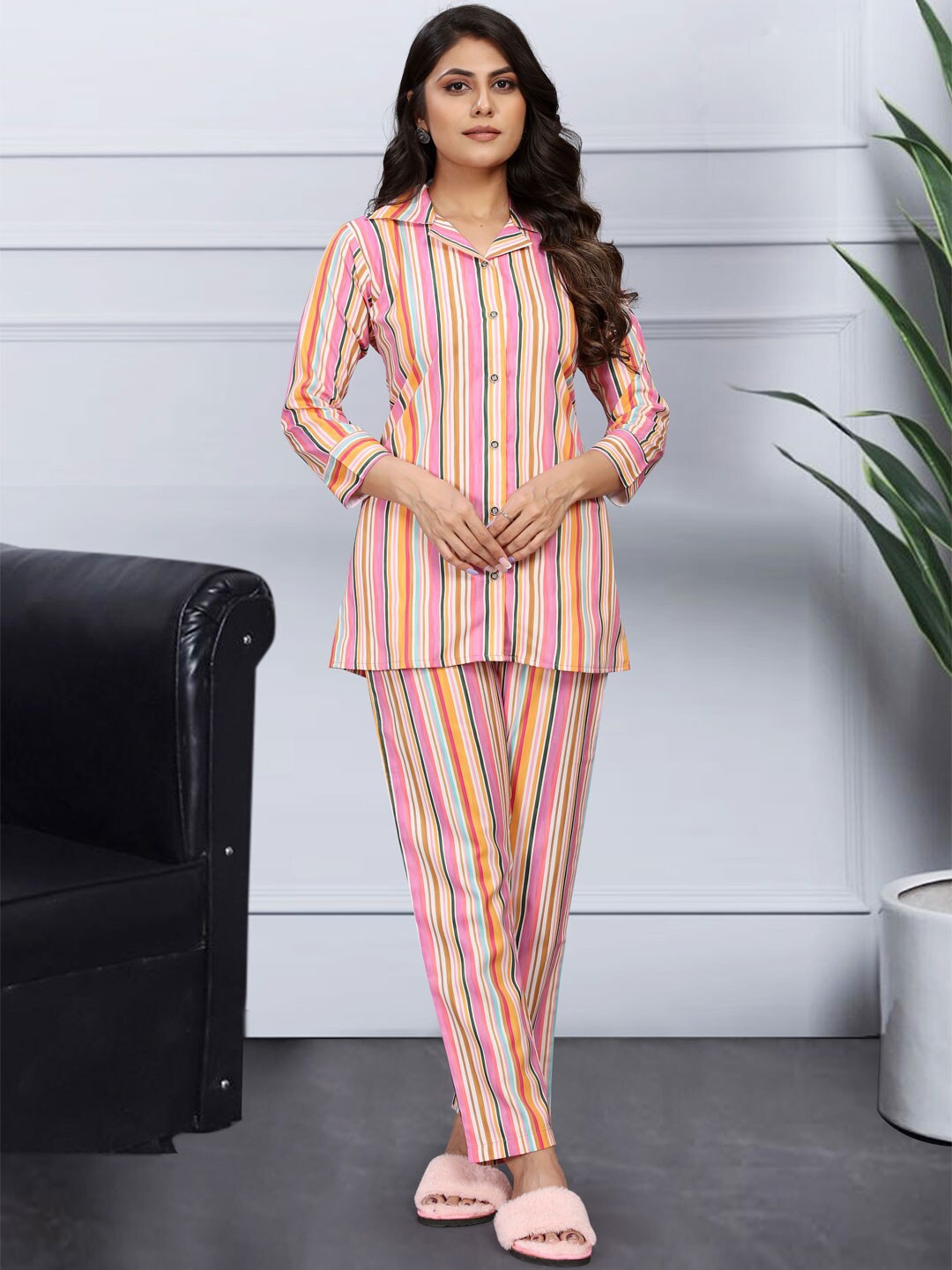 

KALINI Women Striped Night suit, Pink