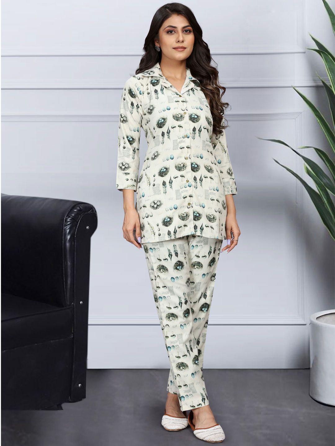 KALINI Women Printed Shirt Collar Neck Top With Trouser Co-Ords, Cream