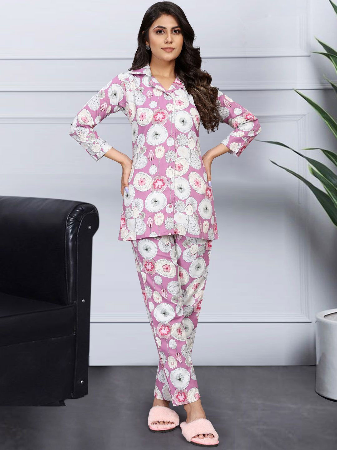 

KALINI Women Printed Shirt Collar Neck Top With Trouser Co-Ords, Pink