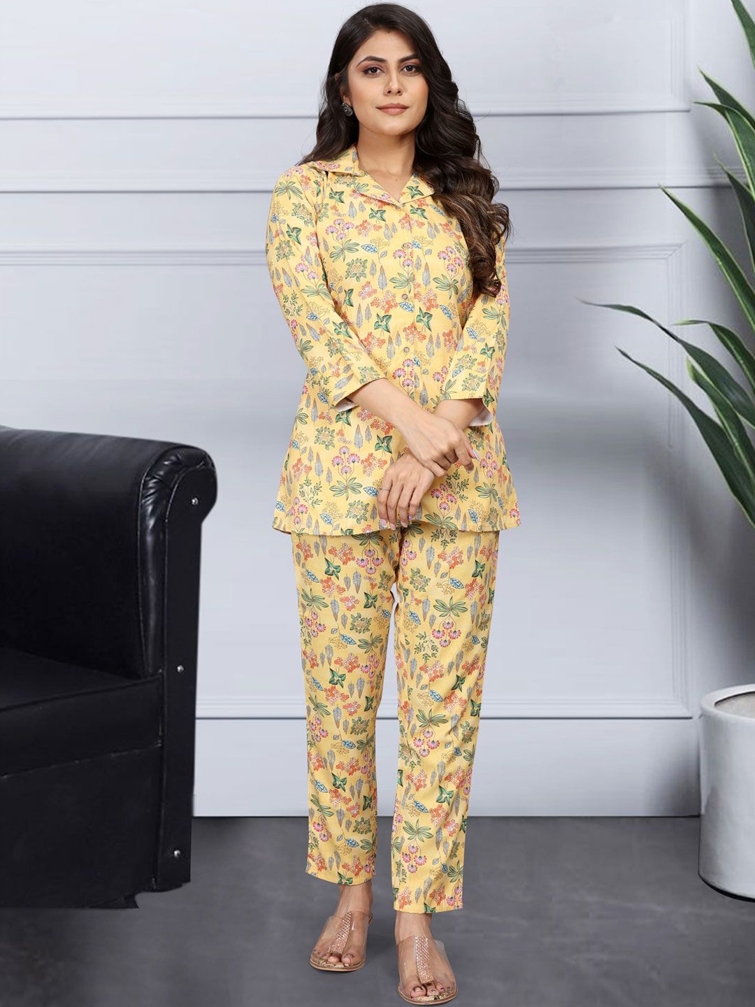 

KALINI Women Printed Shirt Collar Neck Top With Trouser Co-Ords, Yellow