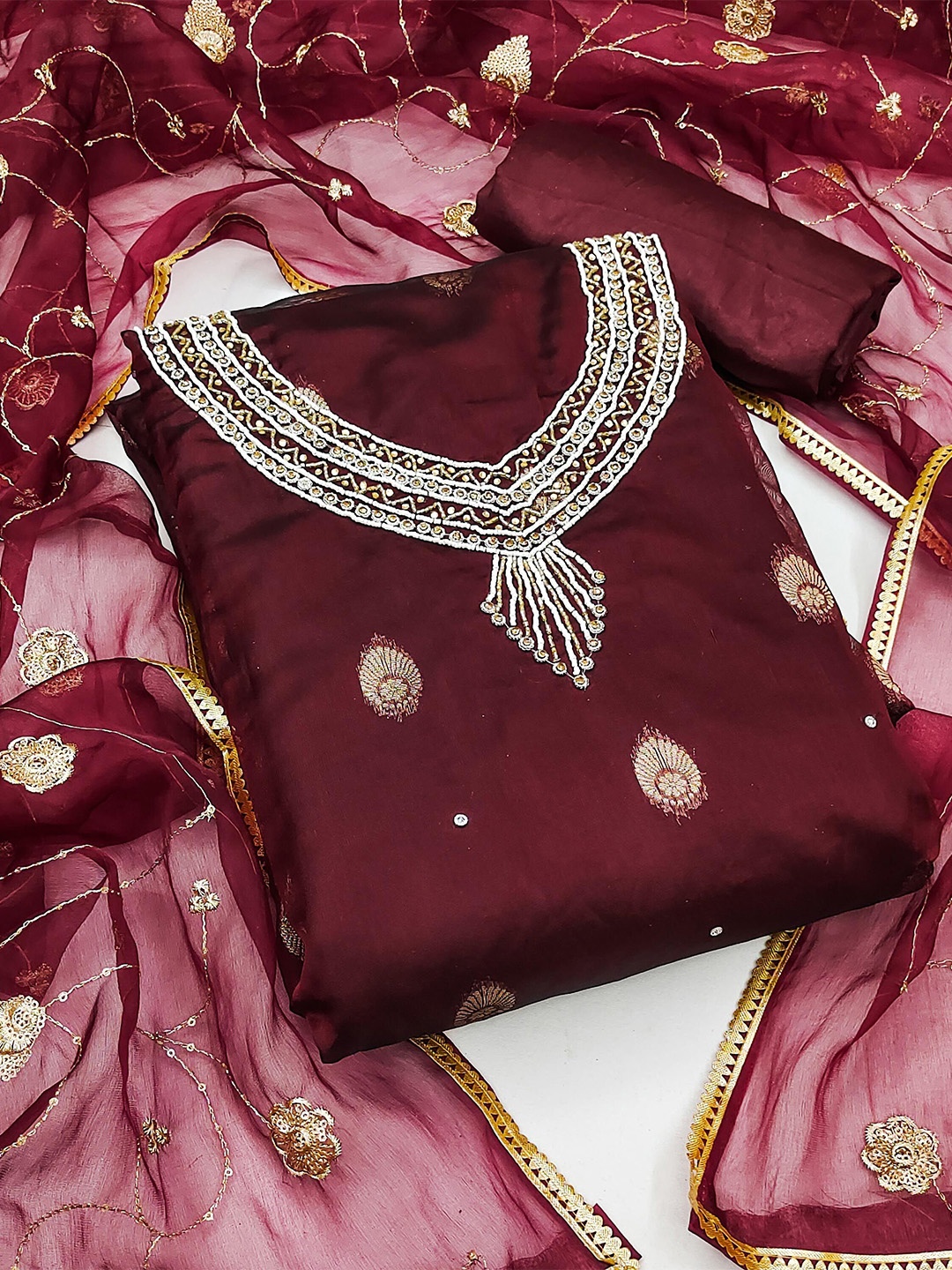 

KIMISHA Organza Unstitched Dress Material, Maroon