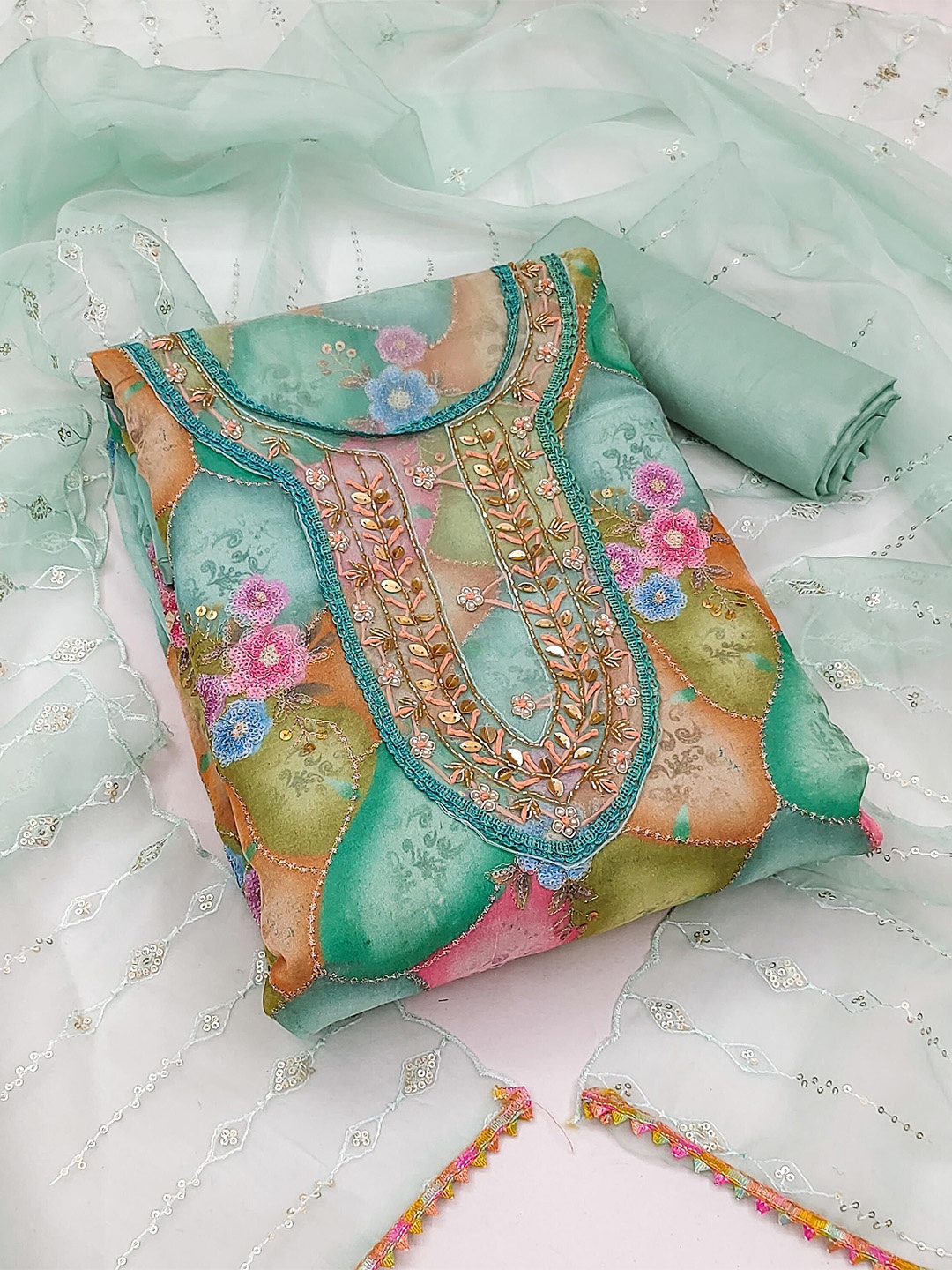 

KIMISHA Embellished Organza Unstitched Dress Material, Green