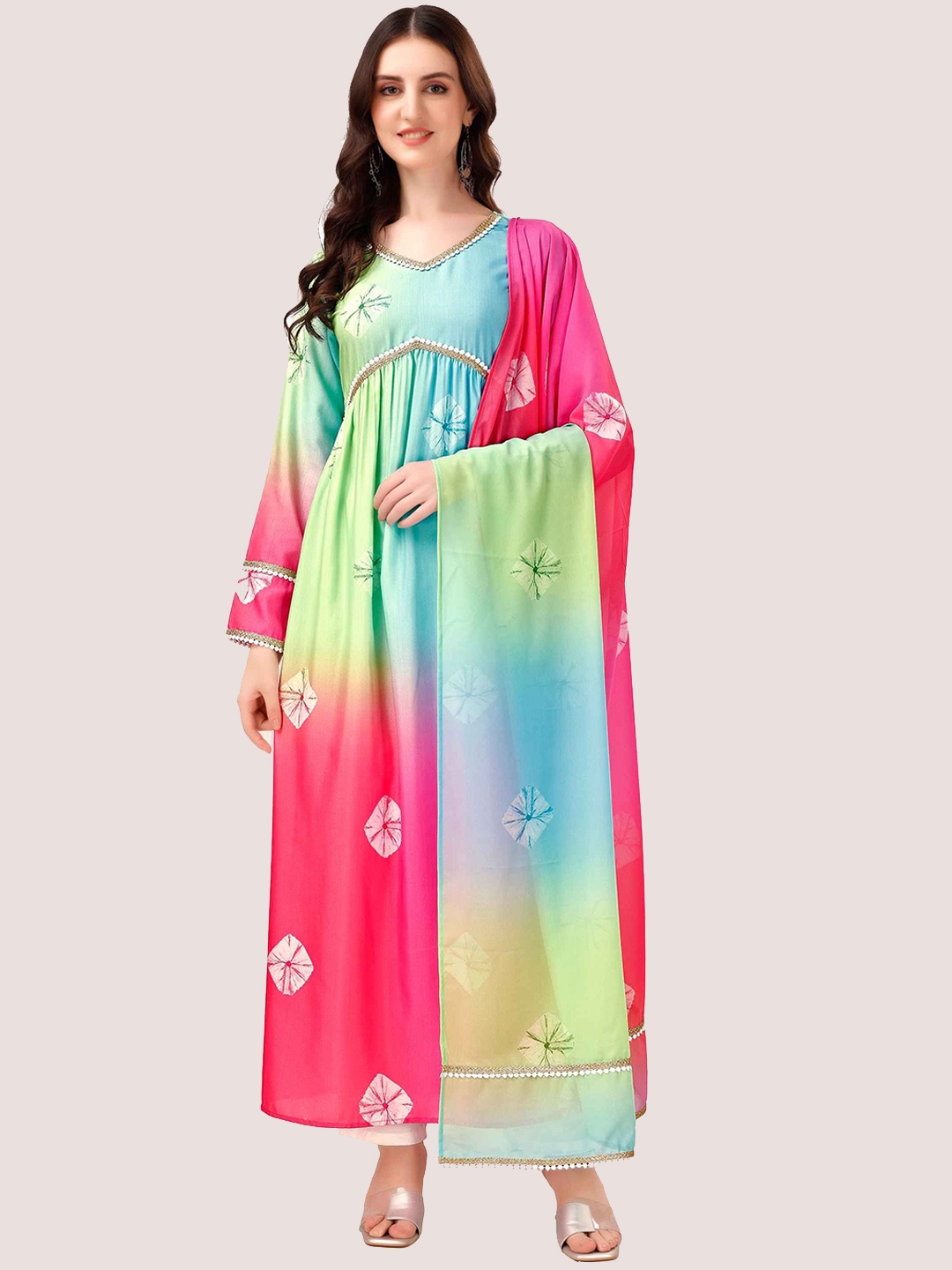 

FAB GALAXY Women Embroidered Pleated Gotta Patti Kurta with Trousers & With Dupatta, Blue