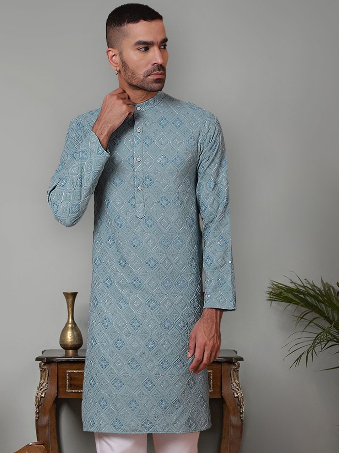 Jompers Men Geometric Flared Sleeves Kurta, Grey