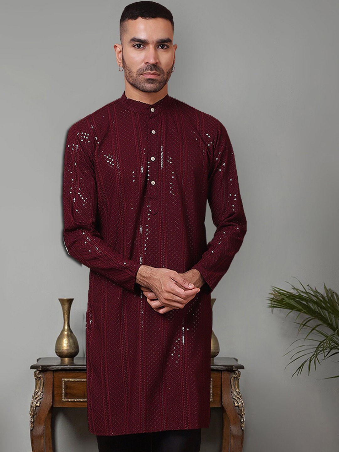 

Jompers Men Striped Flared Sleeves Kurta, Purple