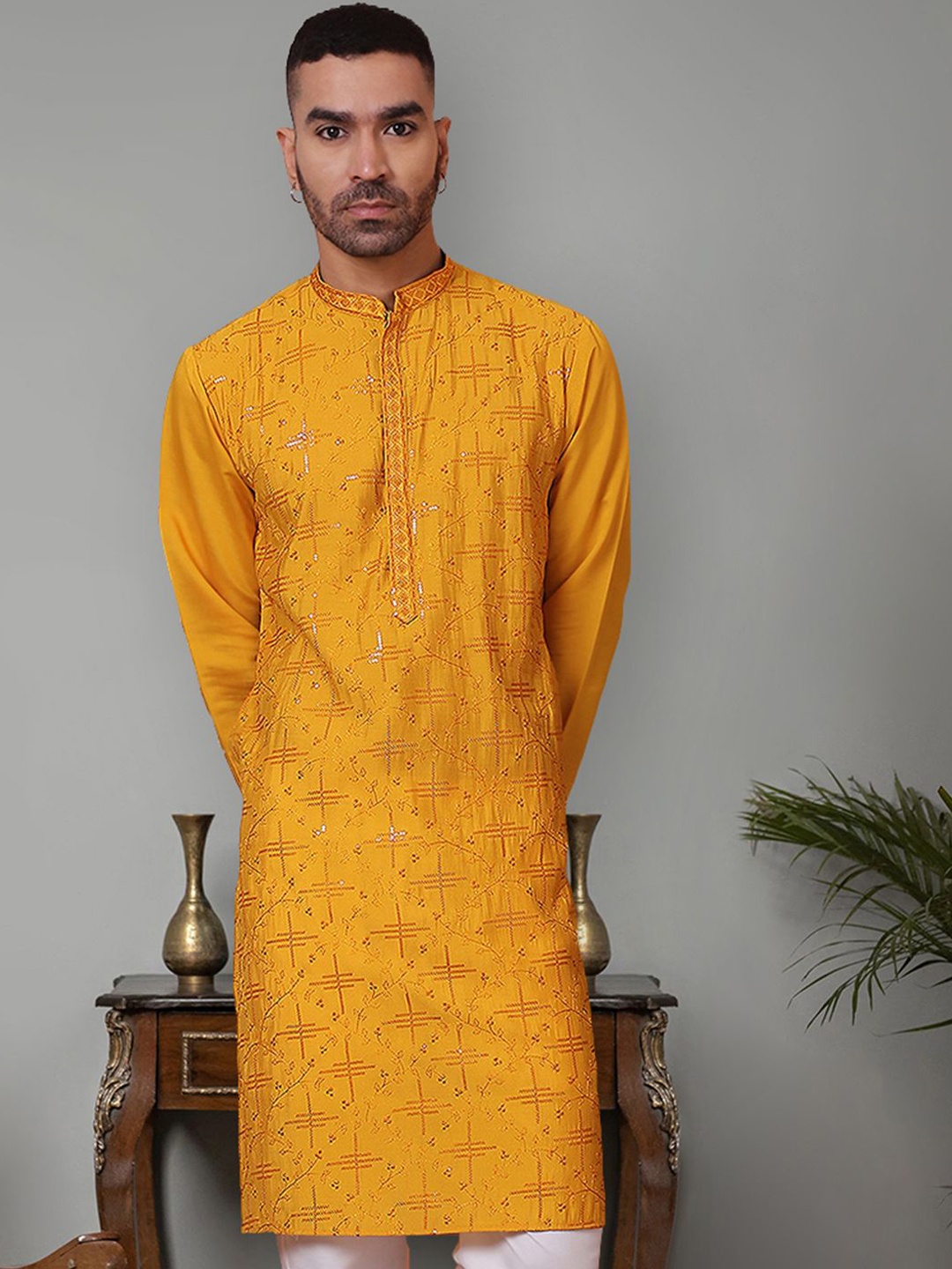 

Jompers Men Thread Work Floral Kurta, Mustard
