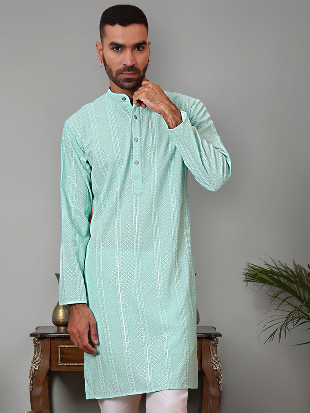 

Jompers Men Geometric Thread Work Anarkali Kurta, Turquoise blue