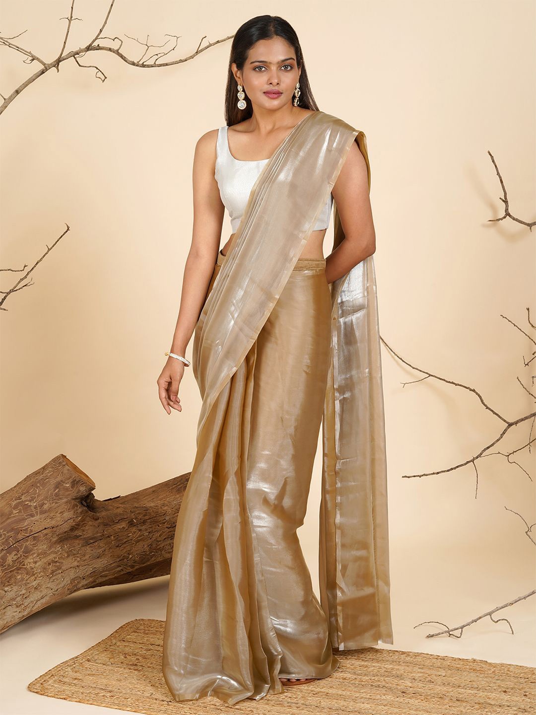 

TEEJH Tissue Ready to Wear Saree, Gold