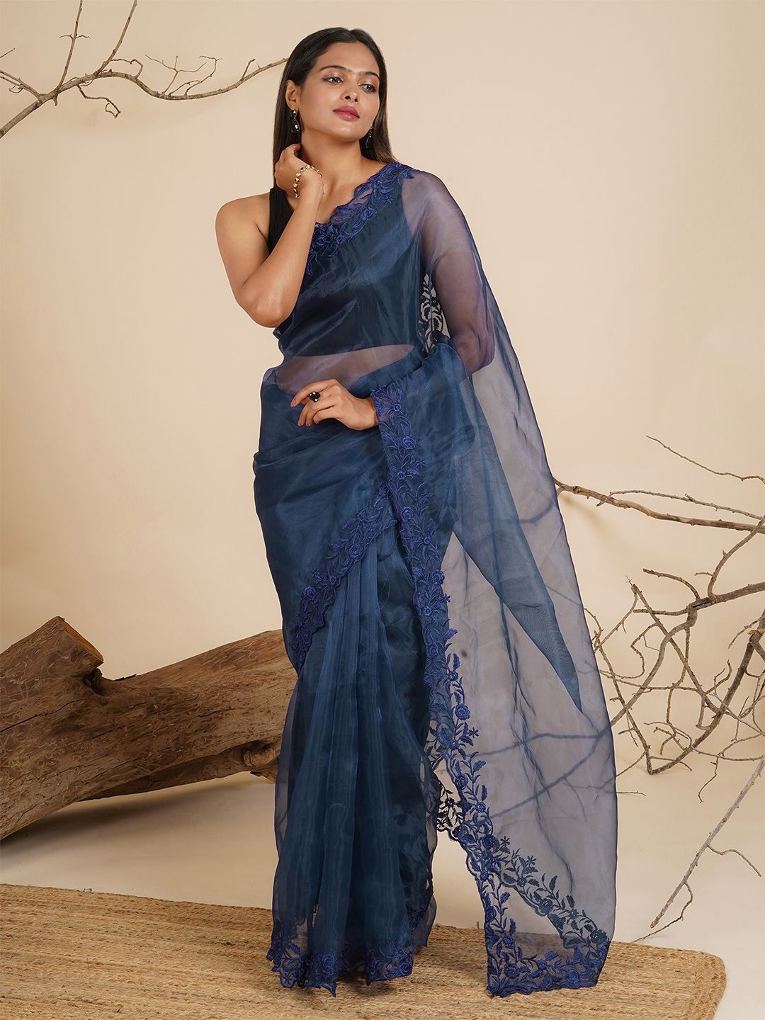 

TEEJH Embroidered Organza Saree, Navy blue