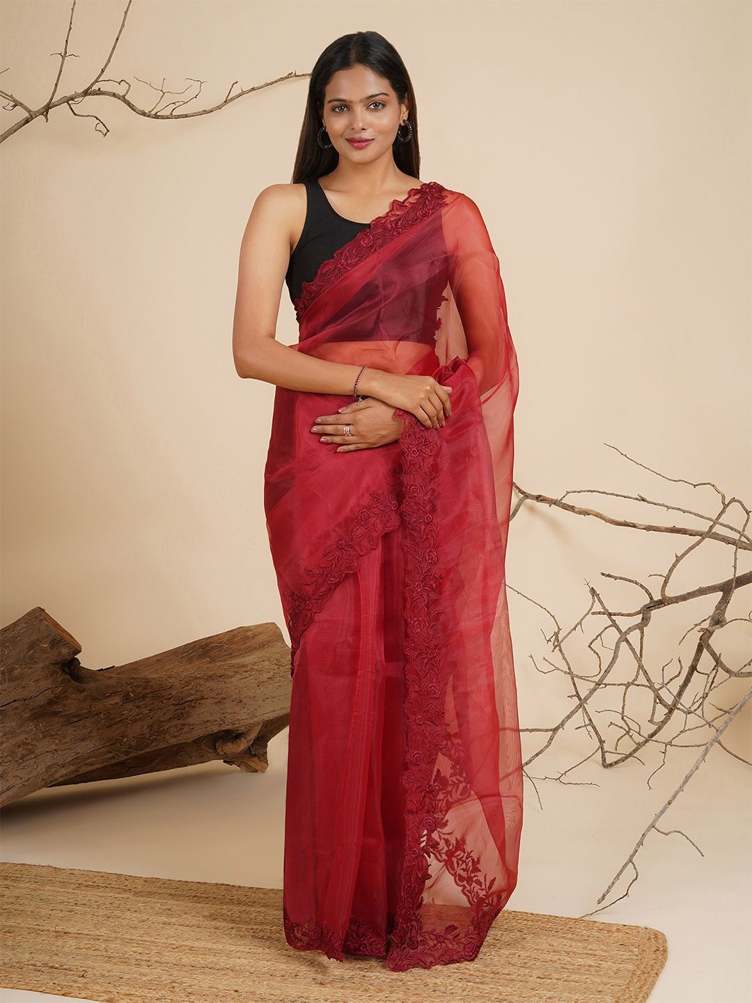 

TEEJH Embroidered Organza Saree, Red