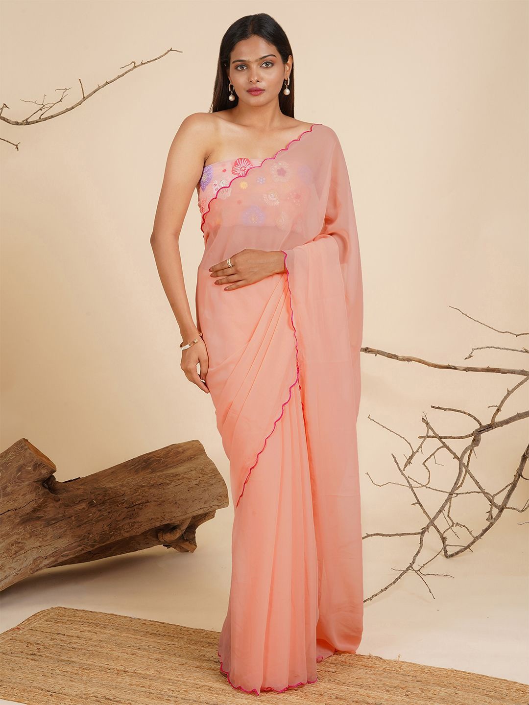 

TEEJH Embroidered Solid Saree, Peach