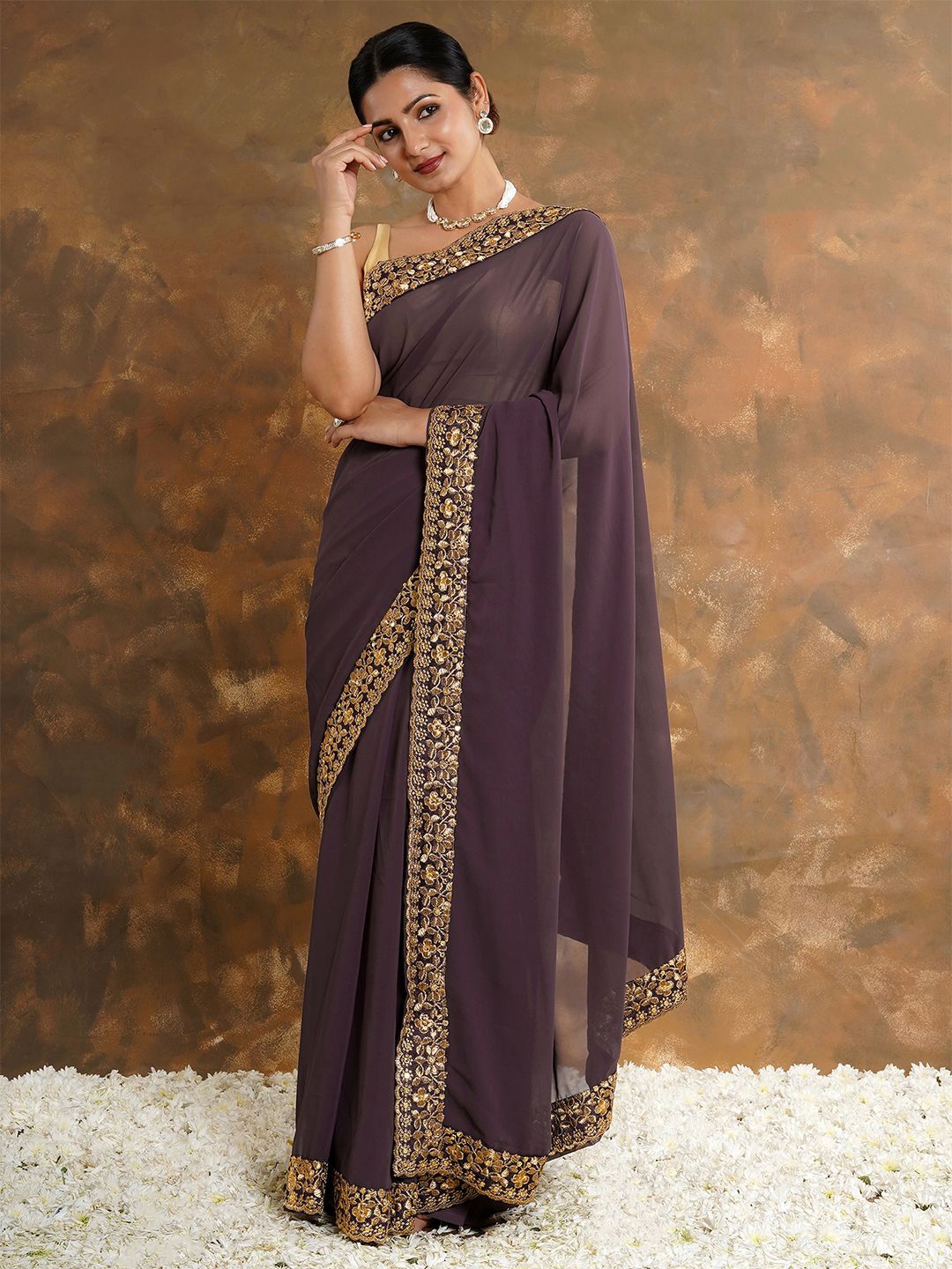 

TEEJH Embroidered Saree, Mauve