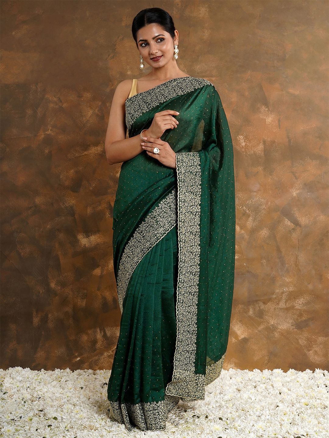 

TEEJH Embroidered Beads and Stones Saree, Green