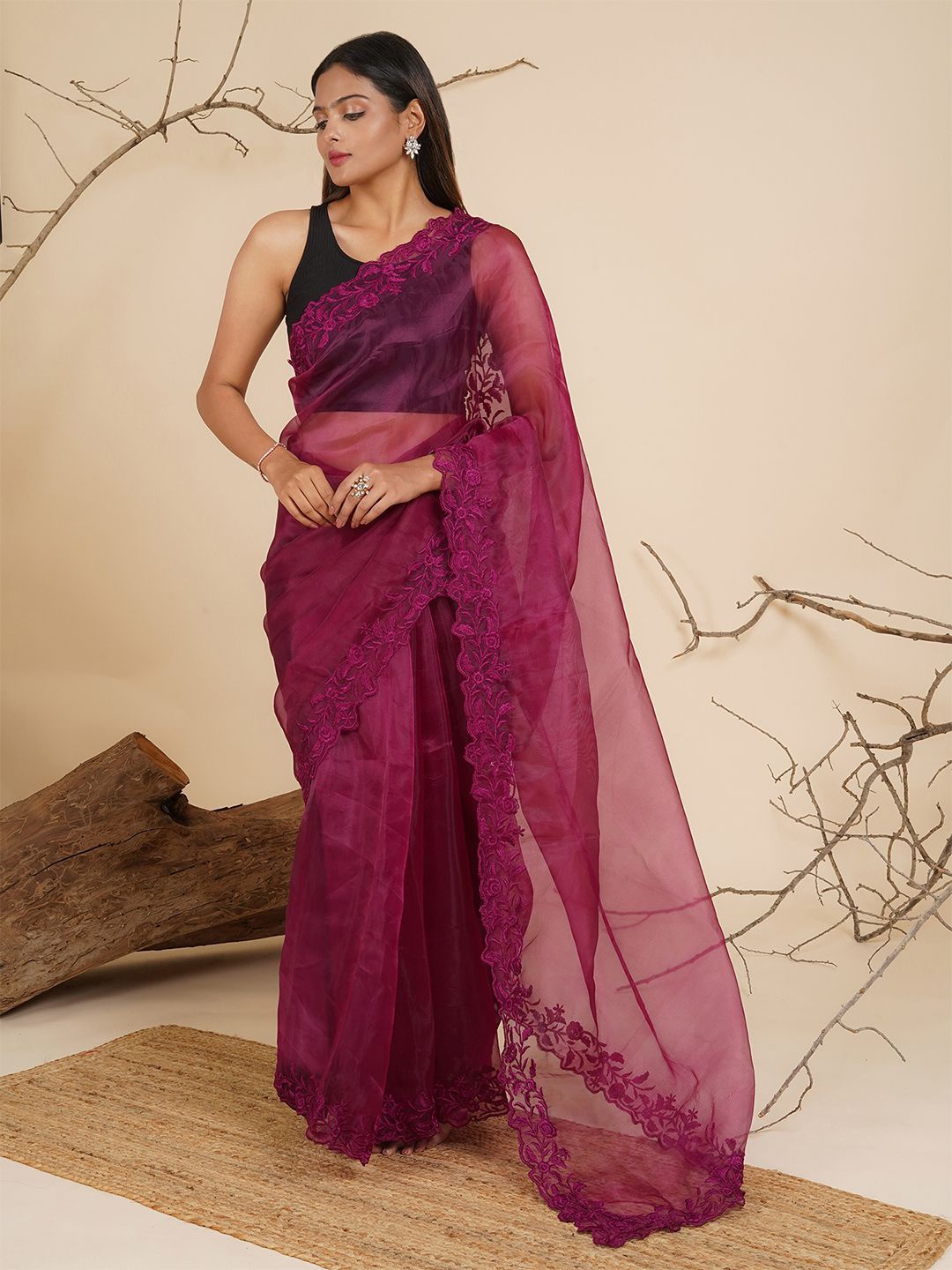 

TEEJH Embroidered Organza Saree, Burgundy