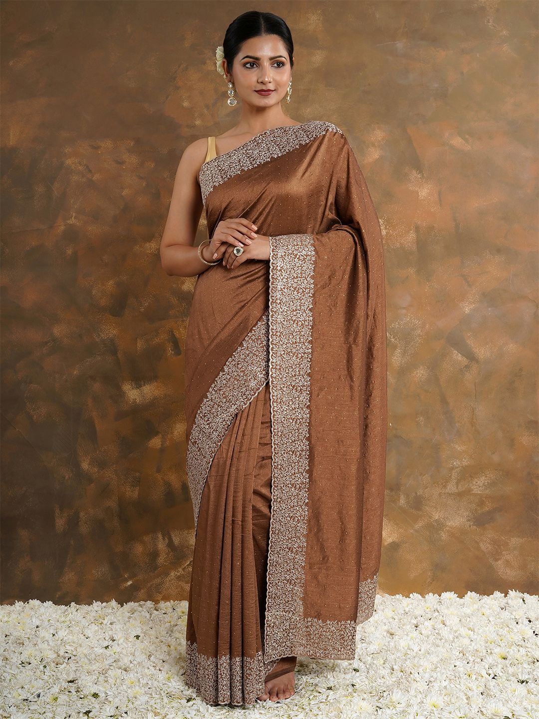 

TEEJH Embellished Embroidered Saree, Brown