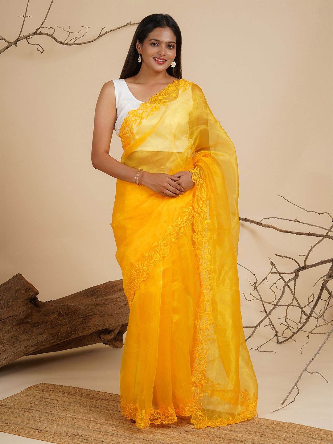 

TEEJH Embroidered Organza Saree, Yellow