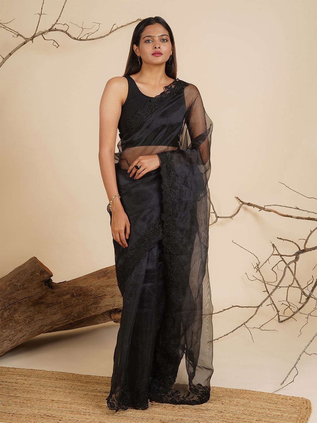 

TEEJH Embroidered Organza Saree, Black