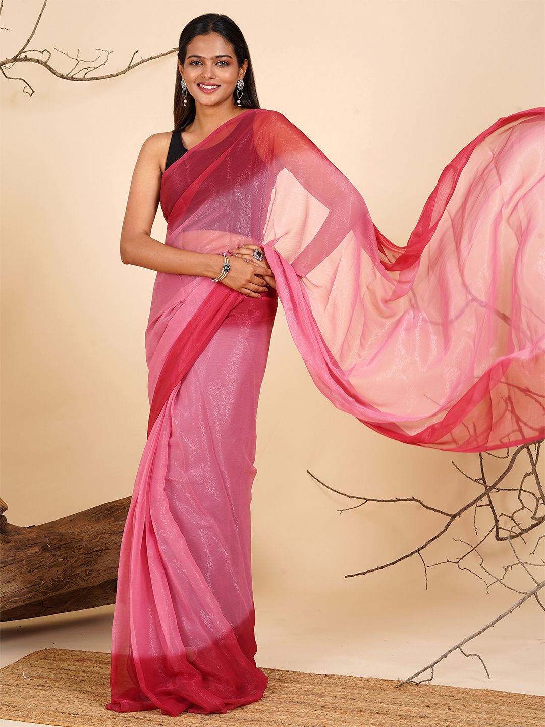 

TEEJH Ombre Poly Georgette Ready to Wear Saree, Pink