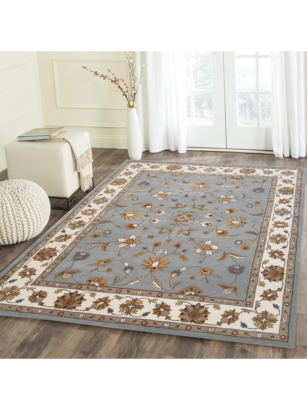 

IMRA CARPET Grey & White Floral Traditional Woollen Carpet