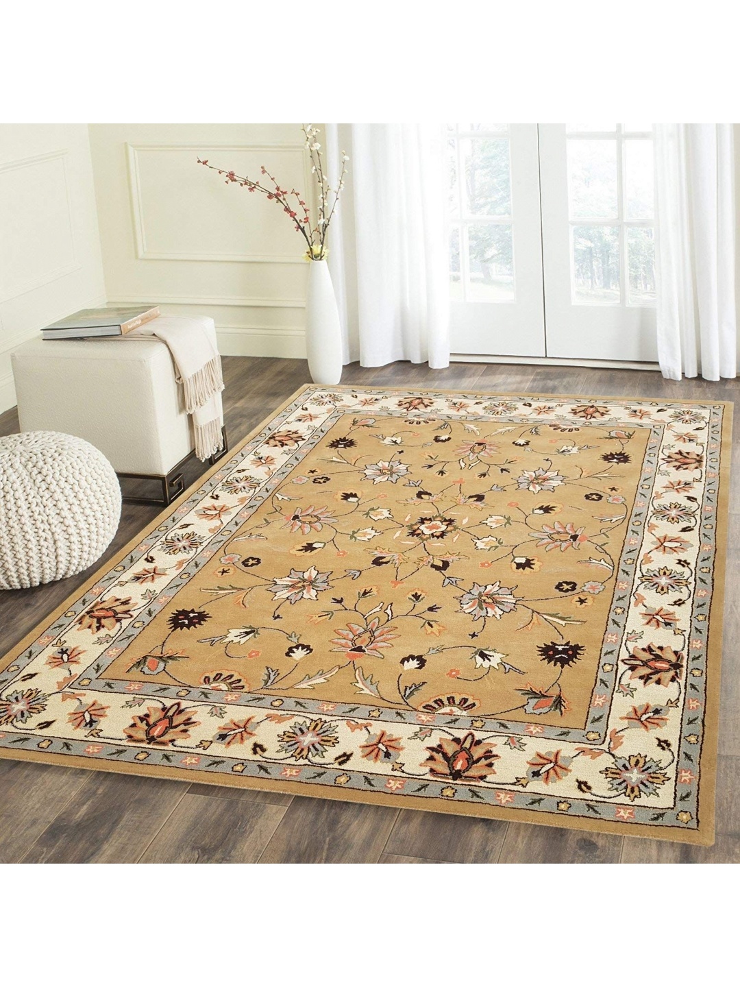 

IMRA CARPET Camel Brown & Cream coloured Floral Handmade Woollen Carpet