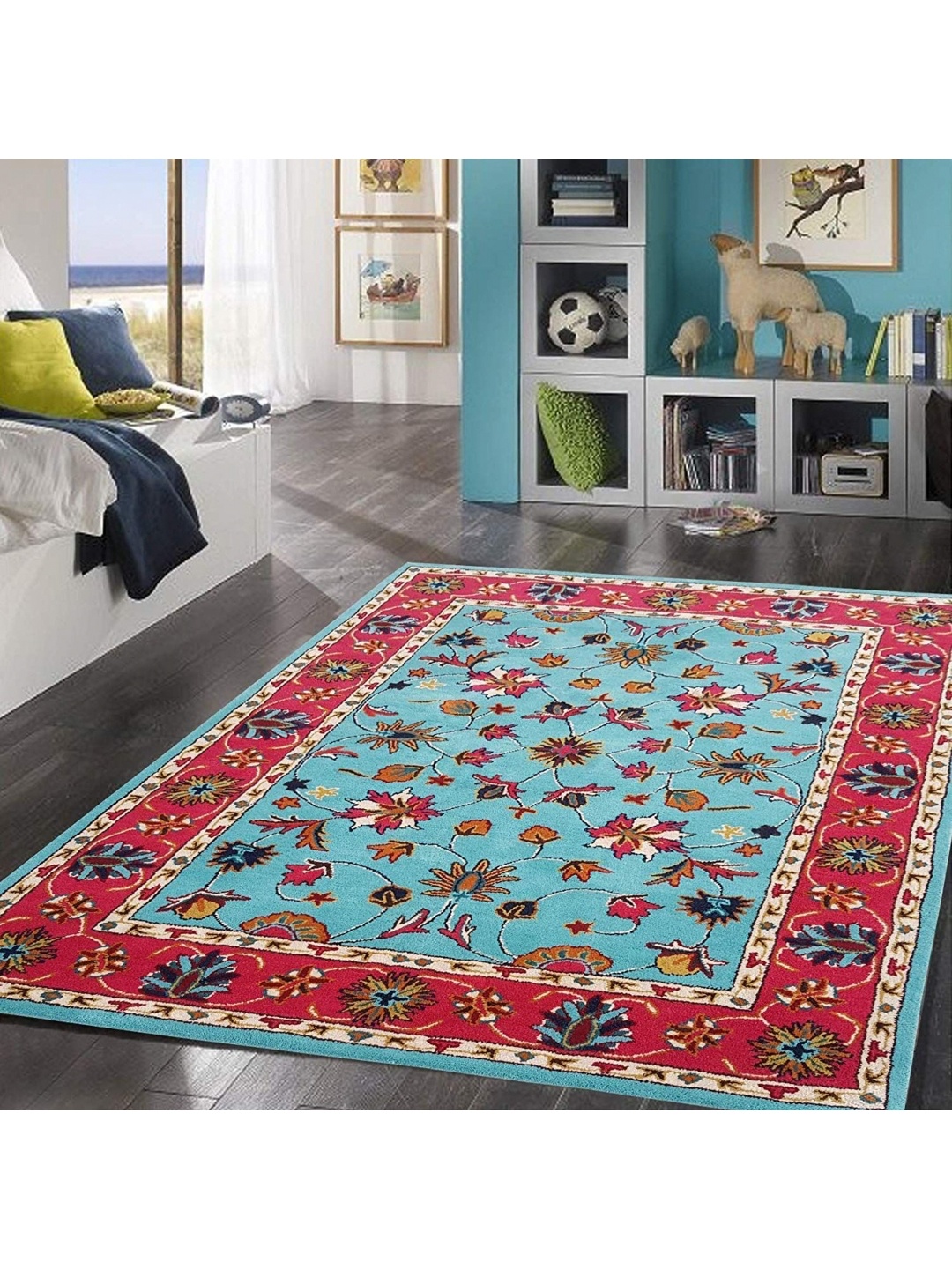 

IMRA CARPET Turquoise Blue & Pink Floral Woollen Carpet