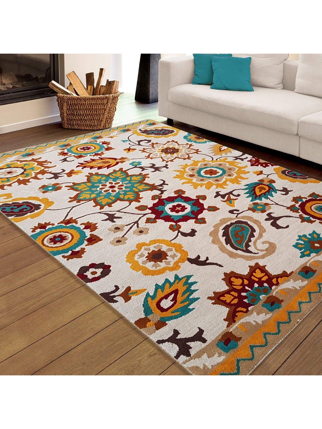 

IMRA CARPET Beige & Yellow Ethnic Motifs Woollen Carpet