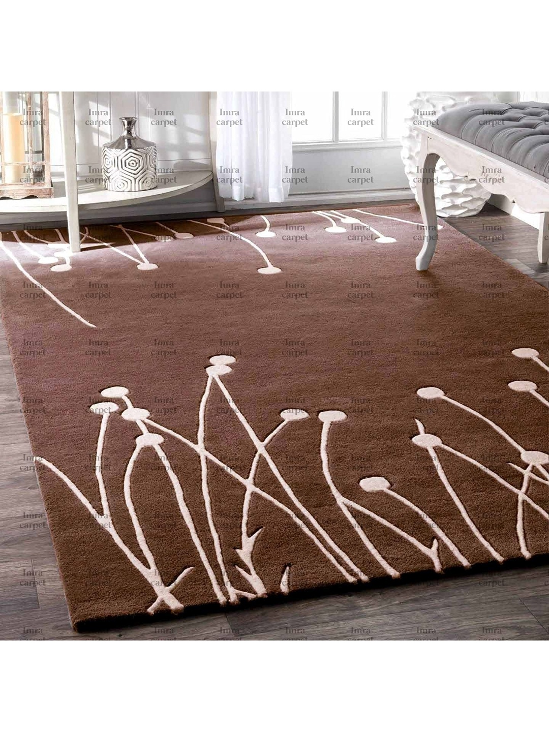 

IMRA CARPET Brown & White Floral Printed Rectangle Shaped Woollen Carpet