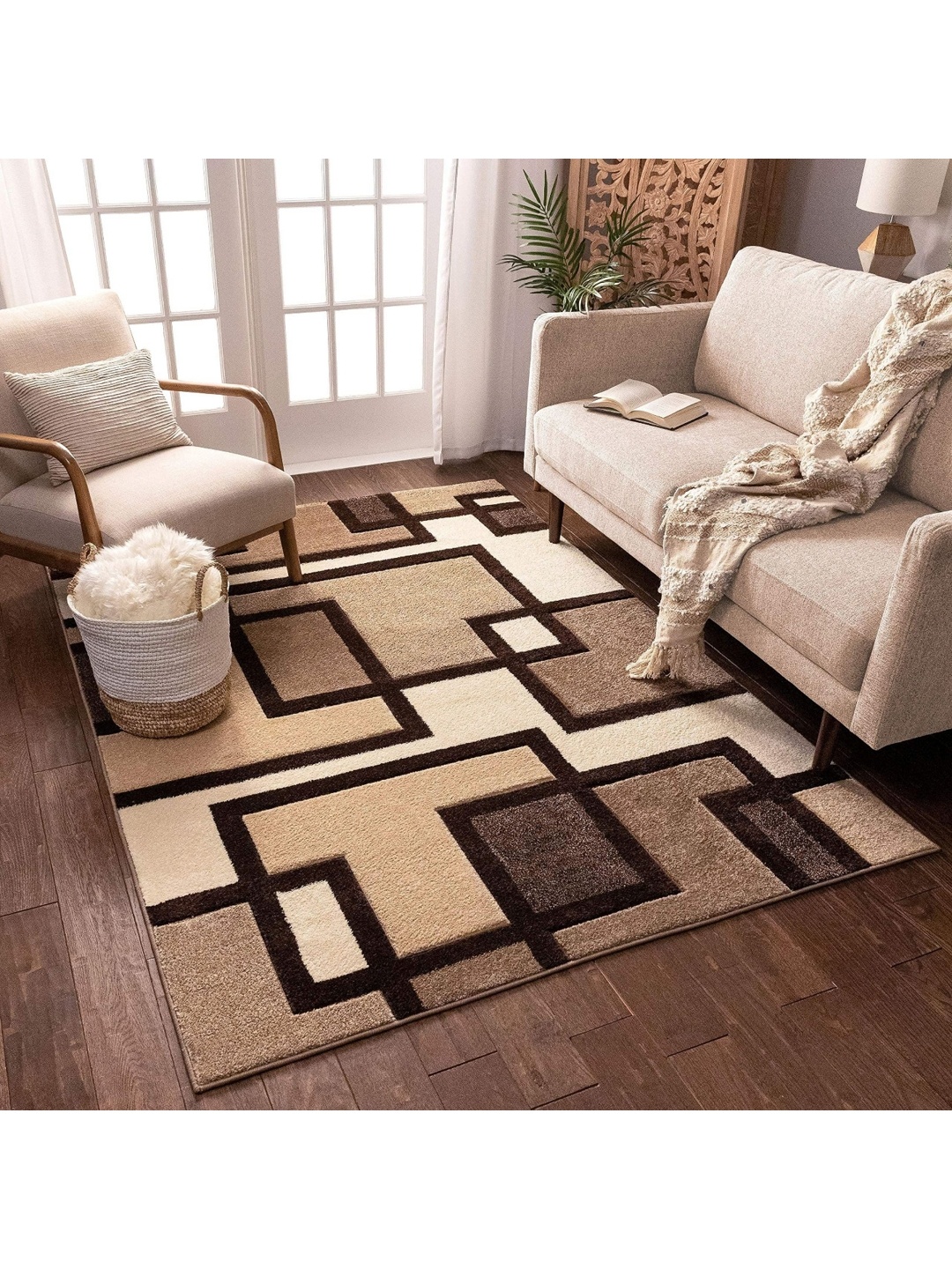 

IMRA CARPET Beige & Black Geometric Woollen Carpet