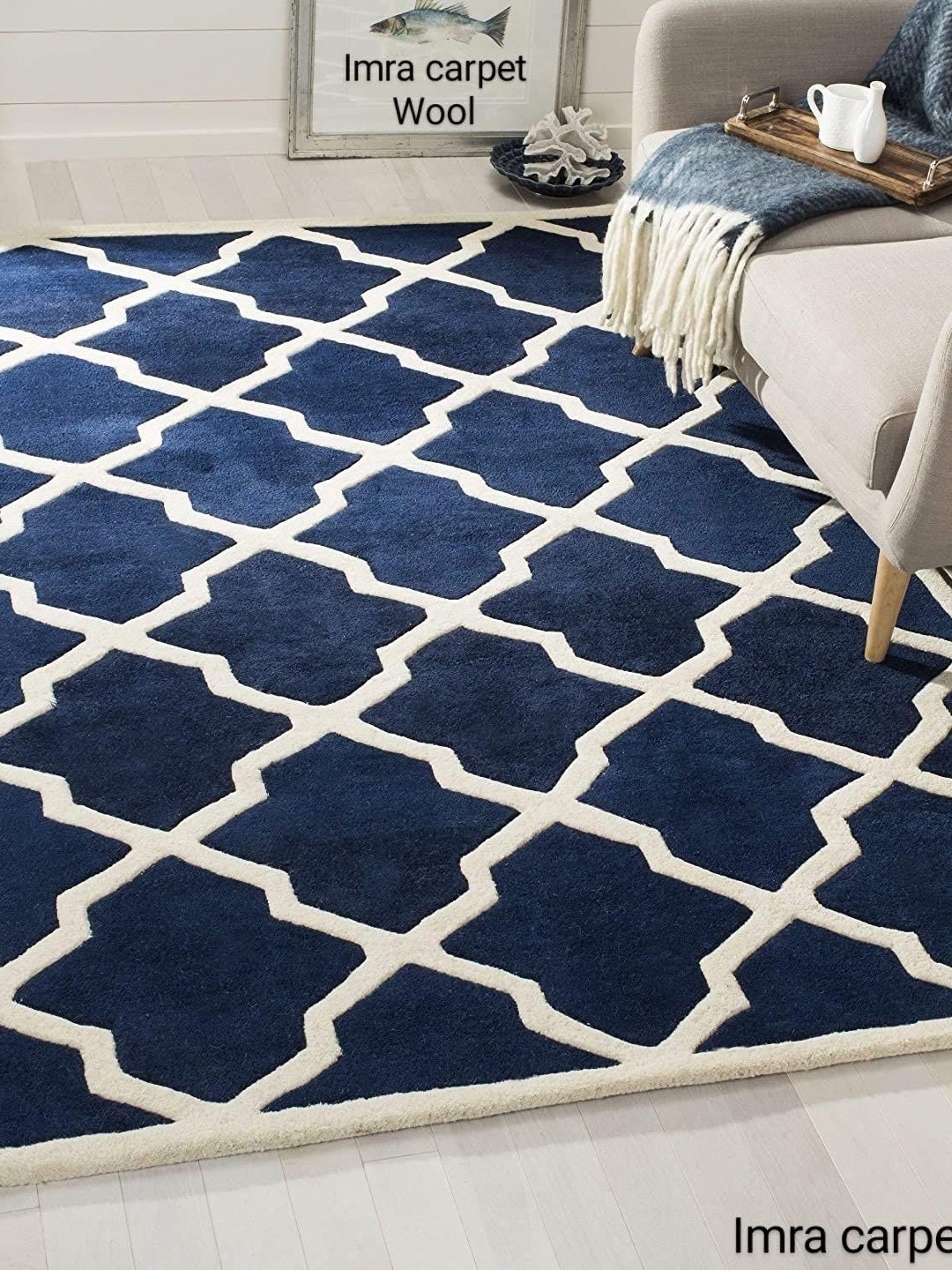 

IMRA CARPET Blue & White Geometric Printed Rectangle Shaped Woollen Carpet