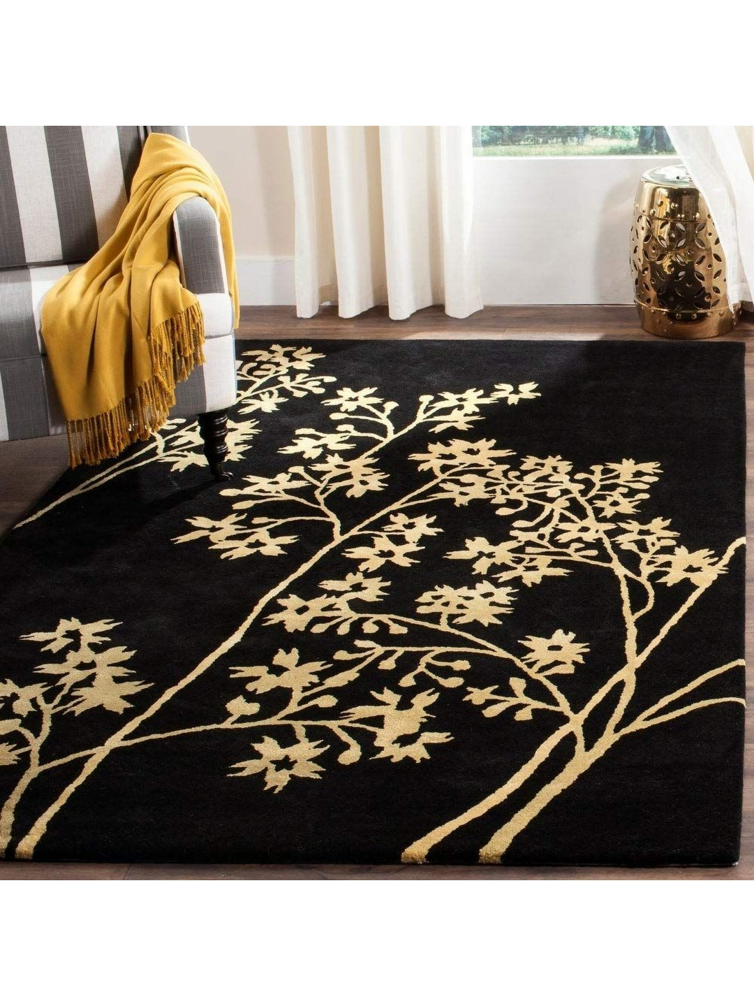 

IMRA CARPET Black Floral Anti-Skid Woollen Carpet