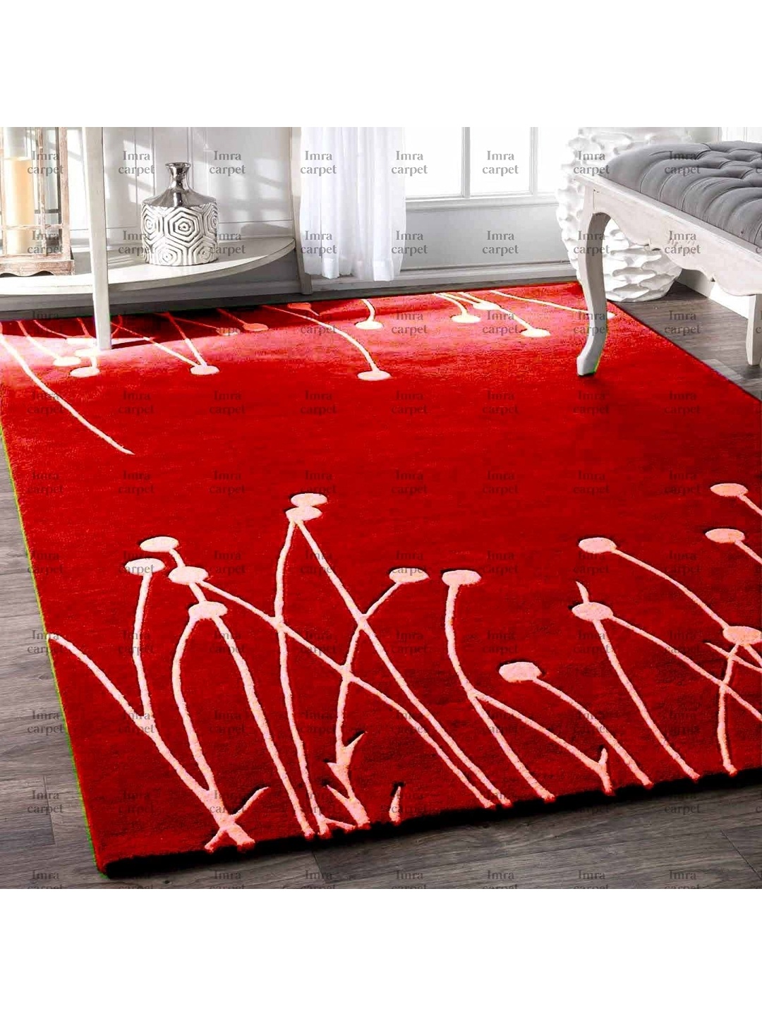 

IMRA CARPET Red & White Floral Woollen Carpet