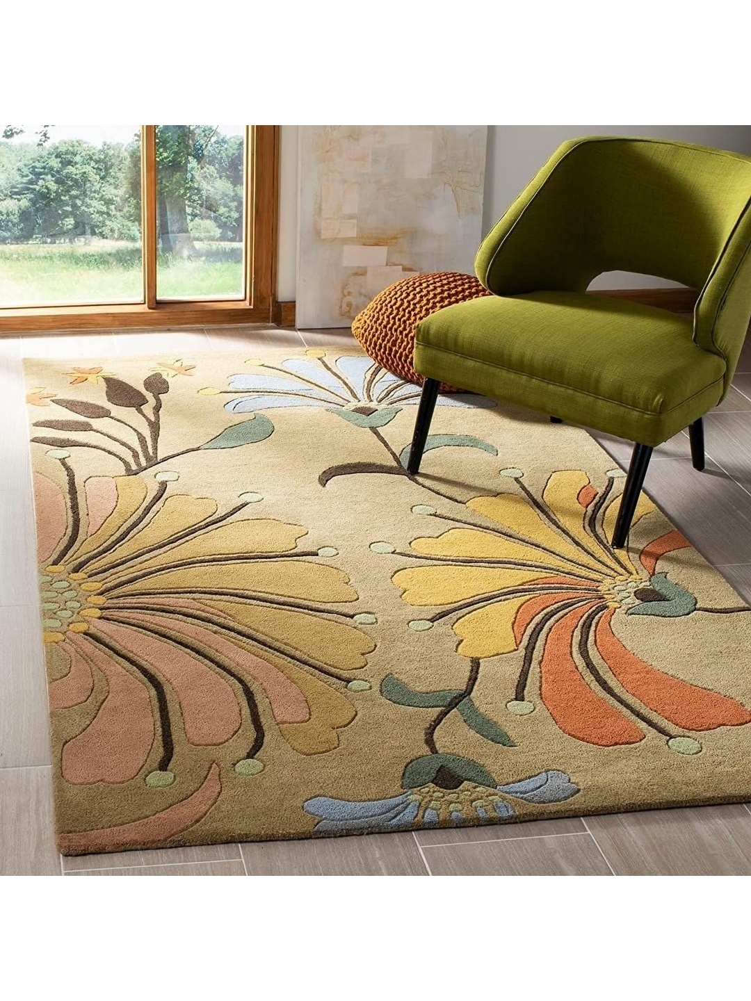

IMRA CARPET Gold Toned & Green Floral Printed Rectangle Shaped Woollen Carpet
