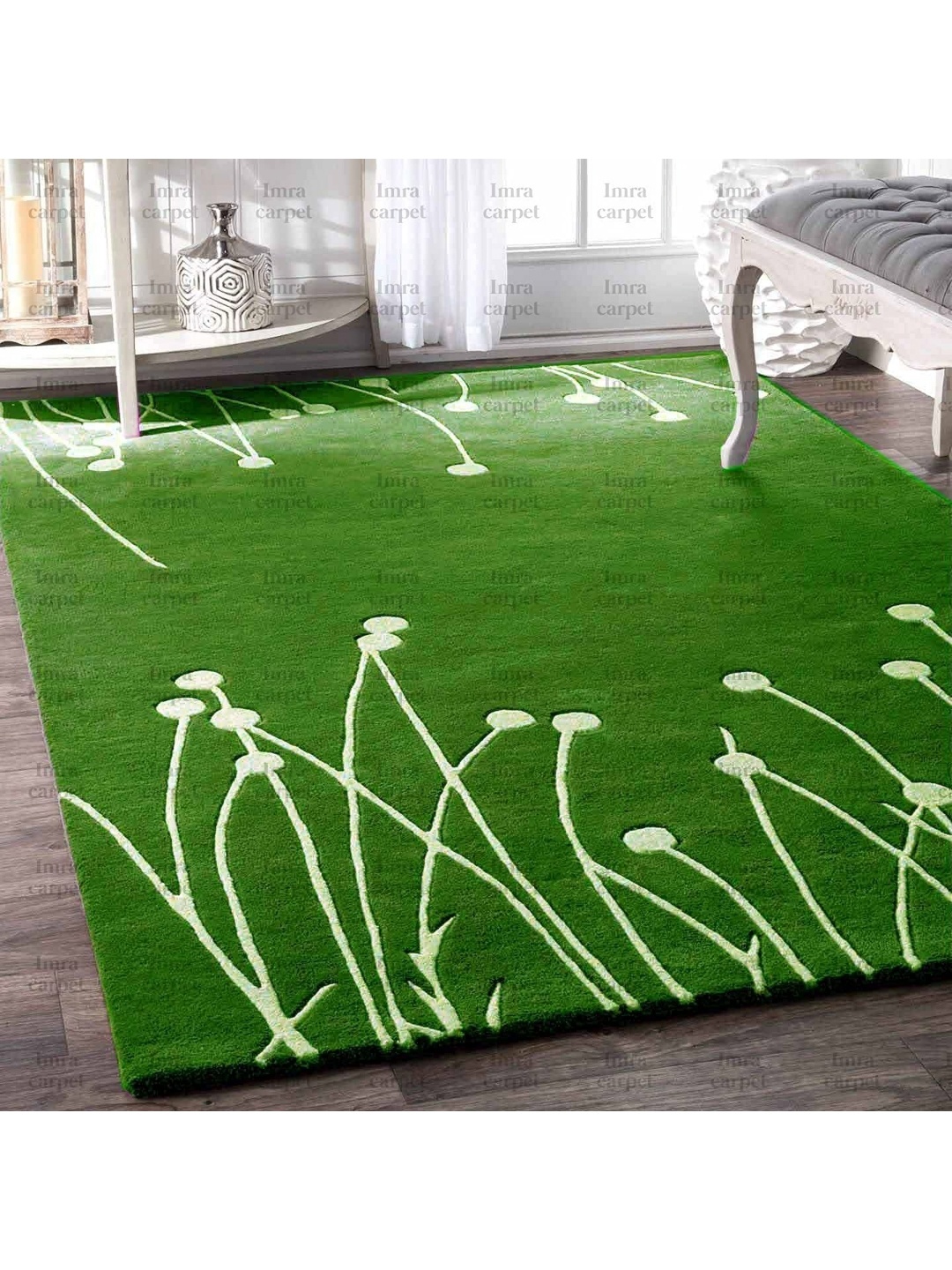 

IMRA CARPET Green & White Floral Handmade Woollen Carpet
