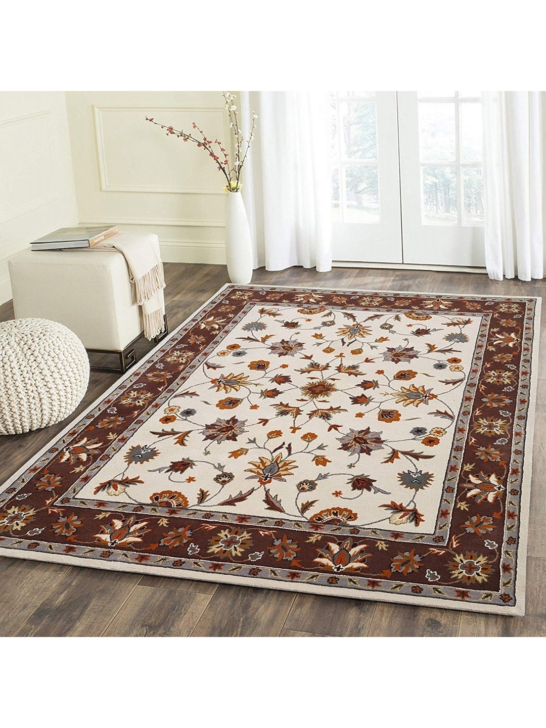 

IMRA CARPET White & Maroon Ethnic Motifs Woollen Carpet