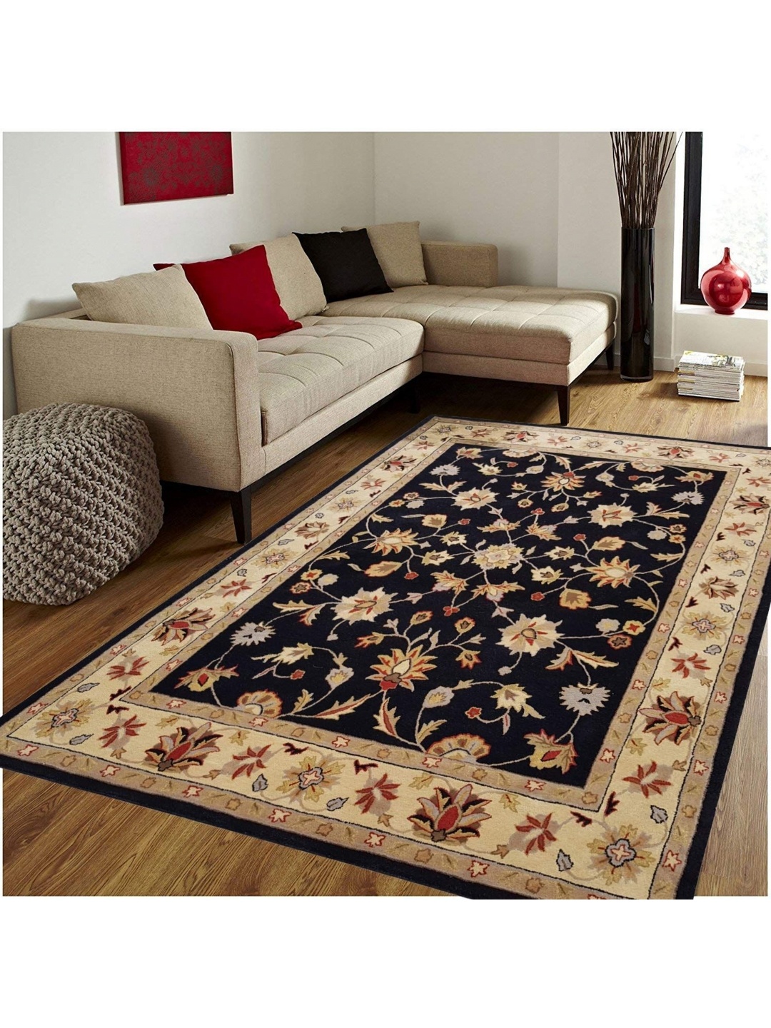 

IMRA CARPET Black & Beige Floral Woollen Carpet