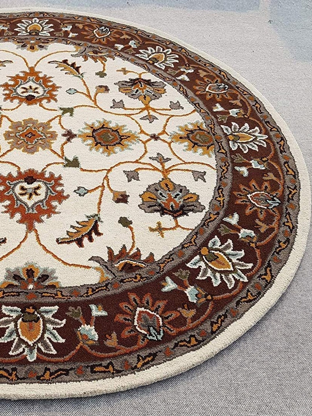

IMRA CARPET Grey & Cream Coloured Ethnic Motifs Printed Round Shaped Woollen Carpet