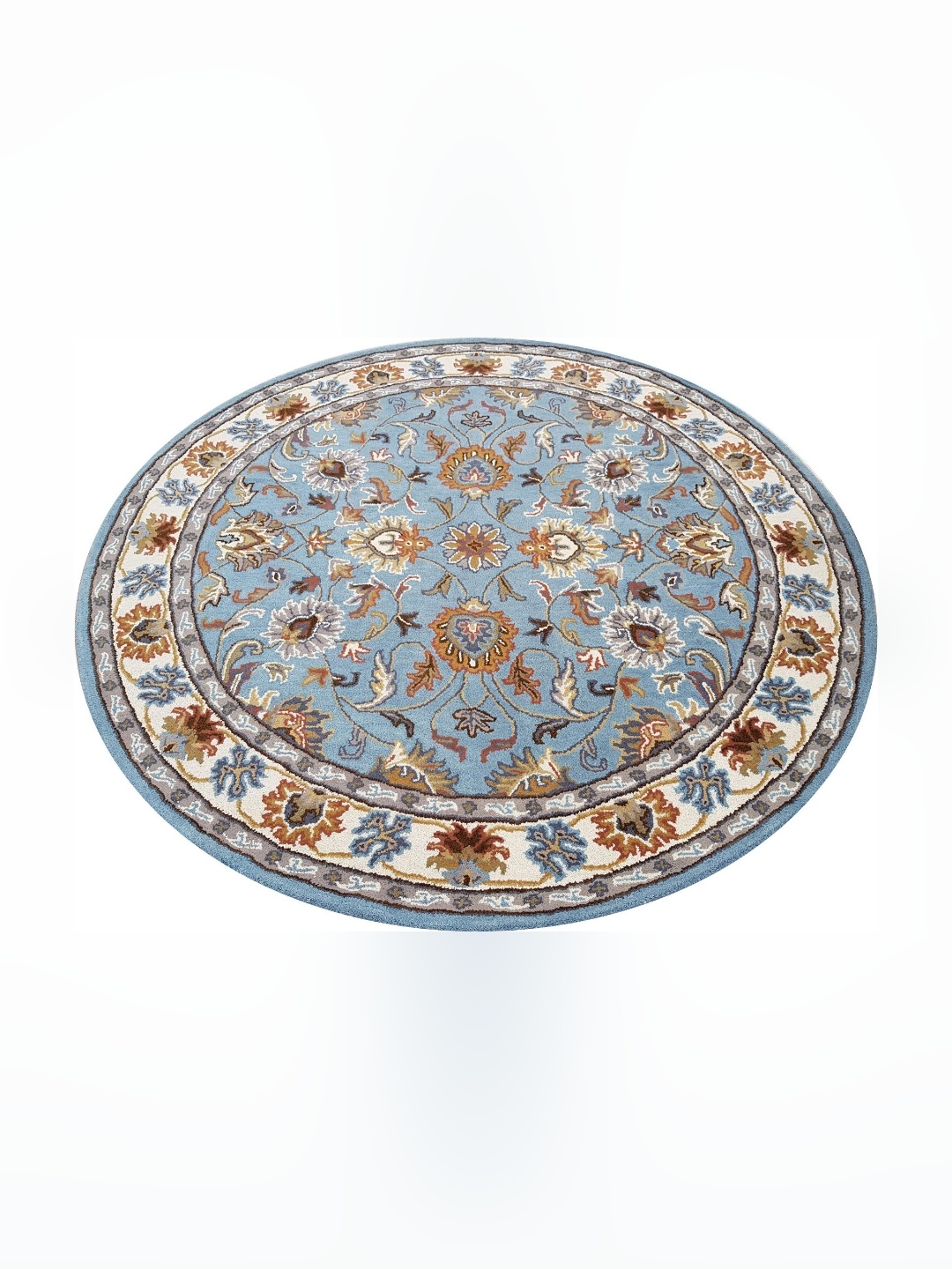 

IMRA CARPET Turquoise Blue & White Floral Printed Round Shaped Woollen Carpet