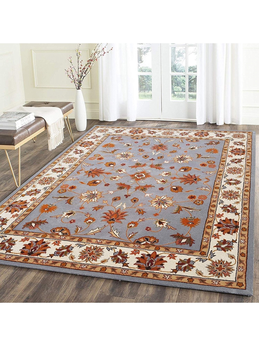 

IMRA CARPET Grey & Brown Floral Woollen Carpet