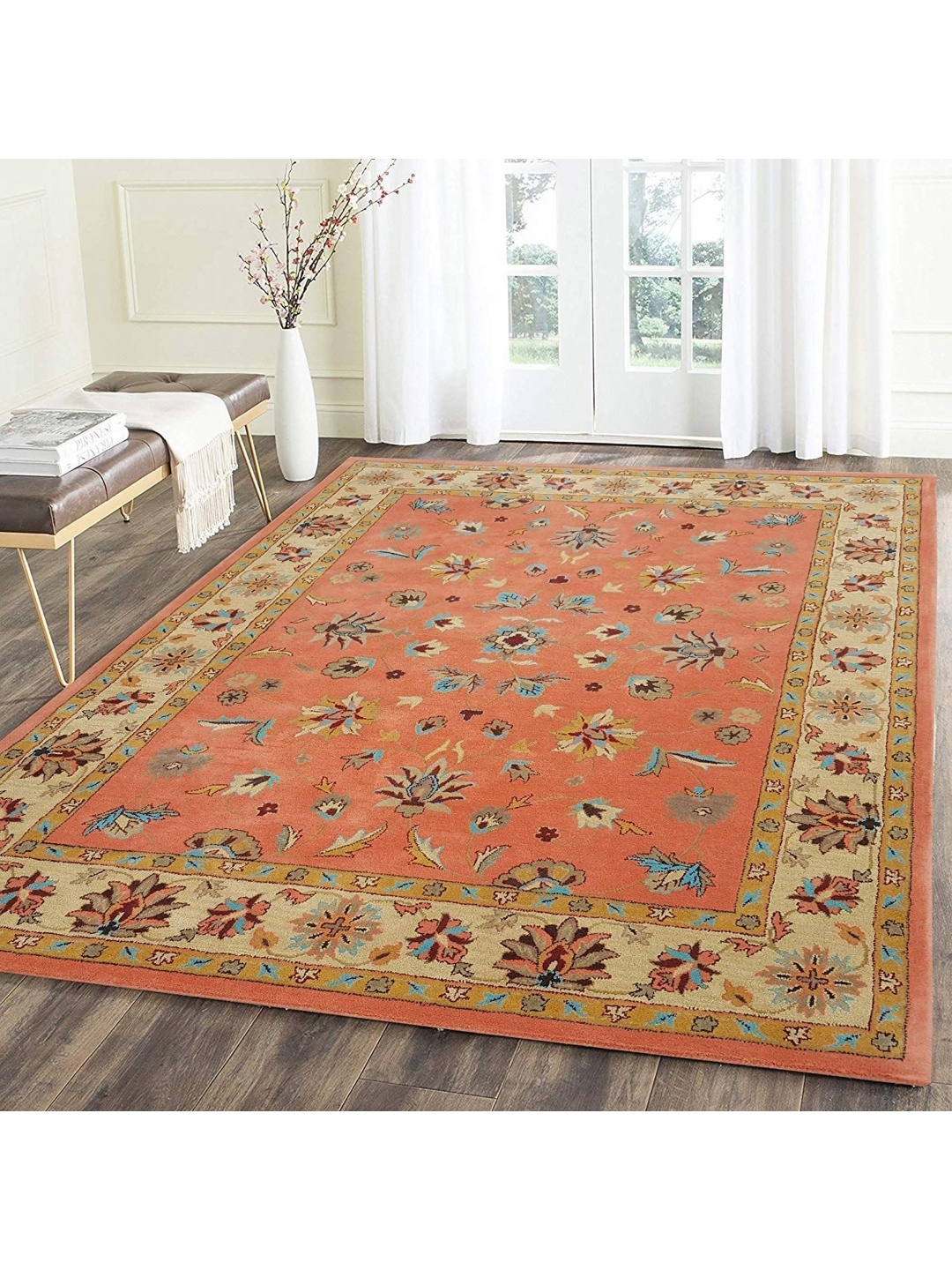 

IMRA CARPET Peach & Beige Floral Printed Rectangle Shaped Woollen Carpet