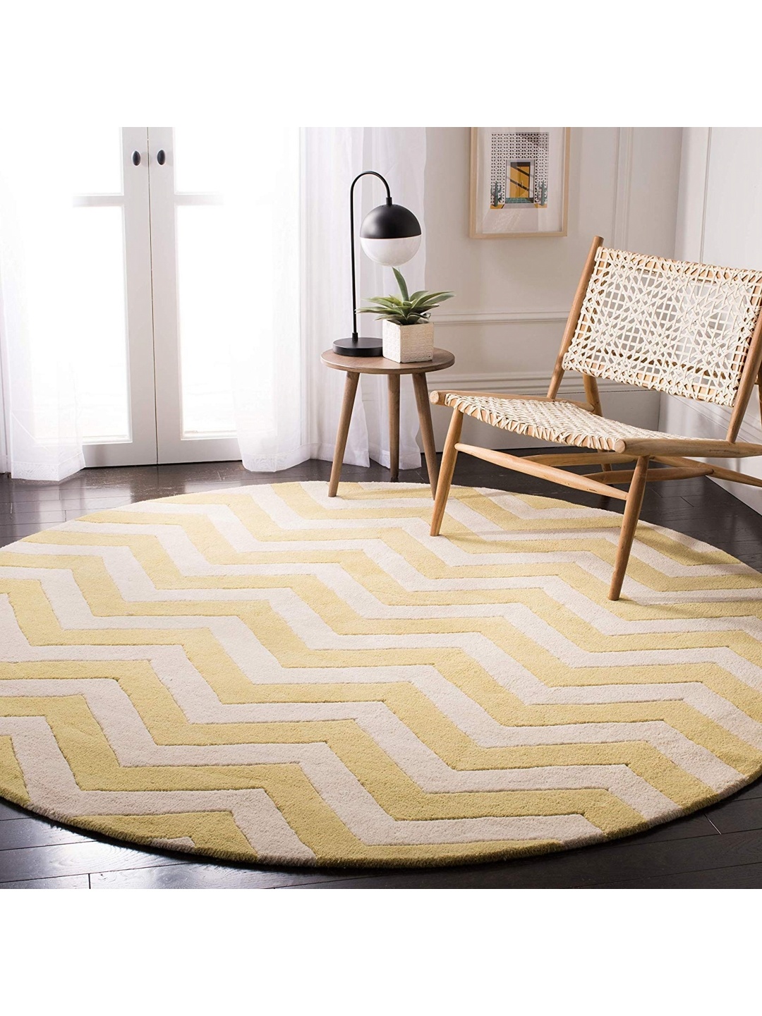 

IMRA CARPET Yellow & White Geometric Printed Round Shaped Woollen Carpet