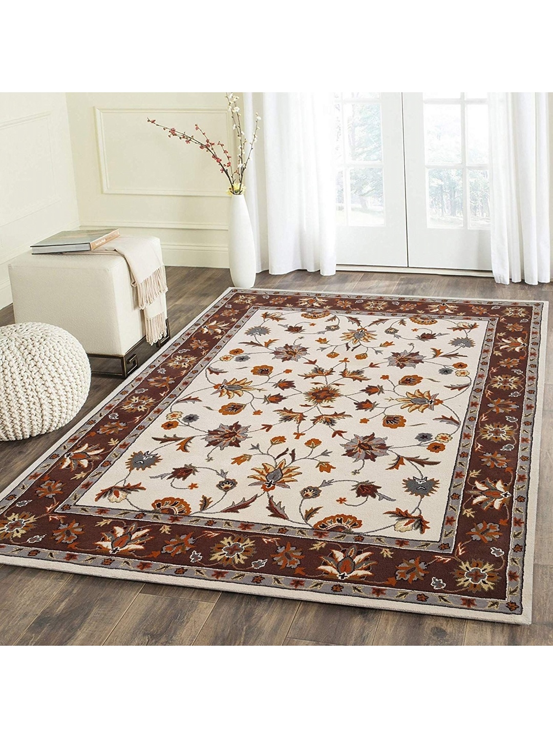 

IMRA CARPET Grey & Brown Floral Printed Rectangle Shaped Woollen Carpet