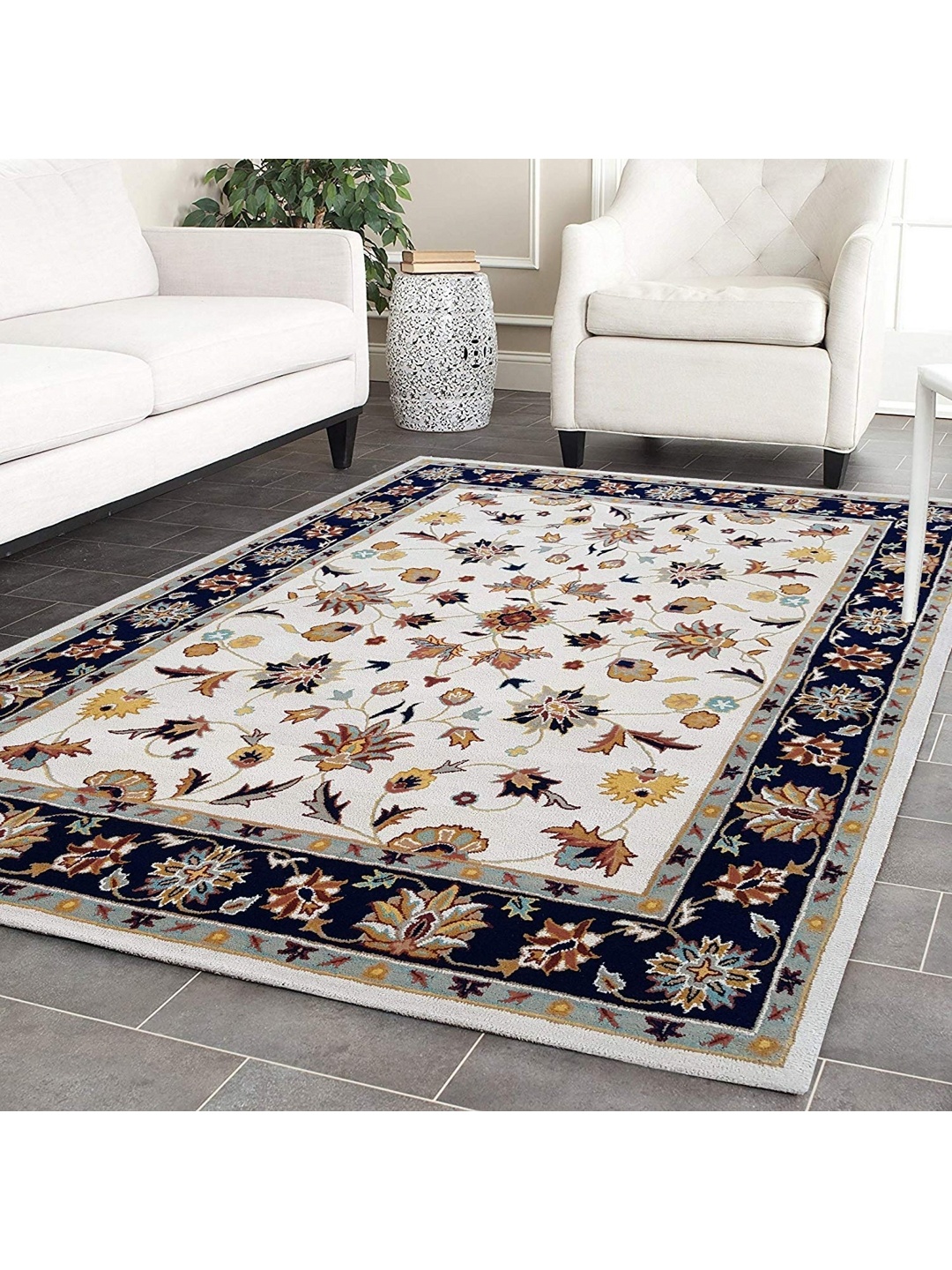 

IMRA CARPET Beige & Blue Ethnic Motifs Printed Rectangle Shaped Woollen Carpet