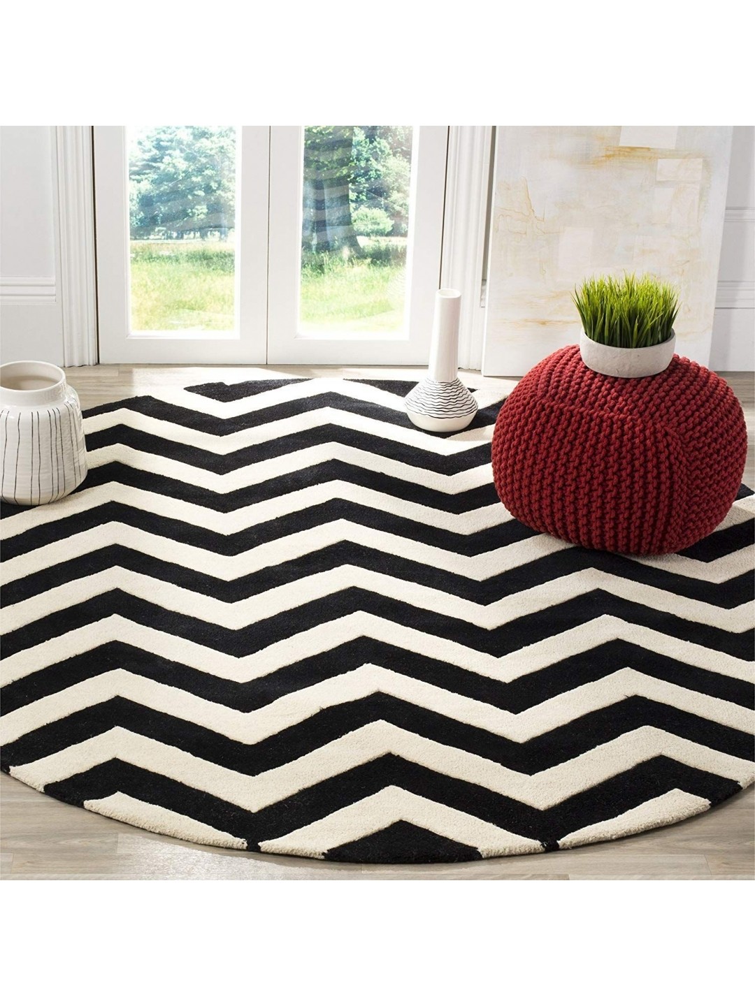 

IMRA CARPET Black Striped Round Shaped Woollen Carpet